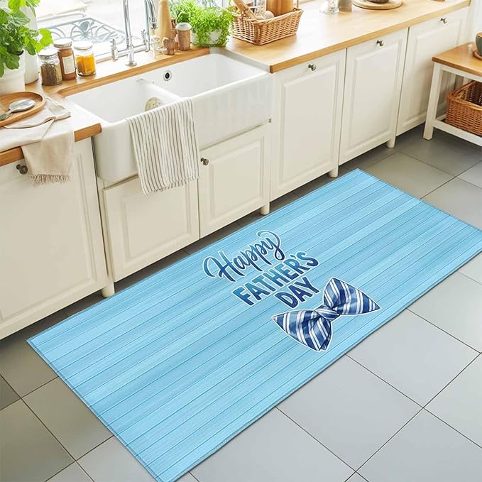 Runner Rug for Bedroom Hallway, Father's Day Vintage Plank Kitchen Runner Rugs Area Rug 2x6ft, Cartoon Blue Stripes Bow Washable Soft Floor Carpet for Entryway Stair