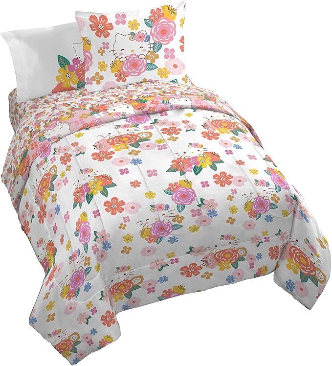 Jay Franco Hello Kitty Queen Size Comforter Set - 7 Piece Bedding Includes Sheet Set & Pillow Covers - Super Soft Floral Bedding