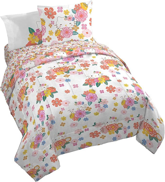 Jay Franco Hello Kitty Queen Size Comforter Set - 7 Piece Bedding Includes Sheet Set & Pillow Covers - Super Soft Floral Bedding