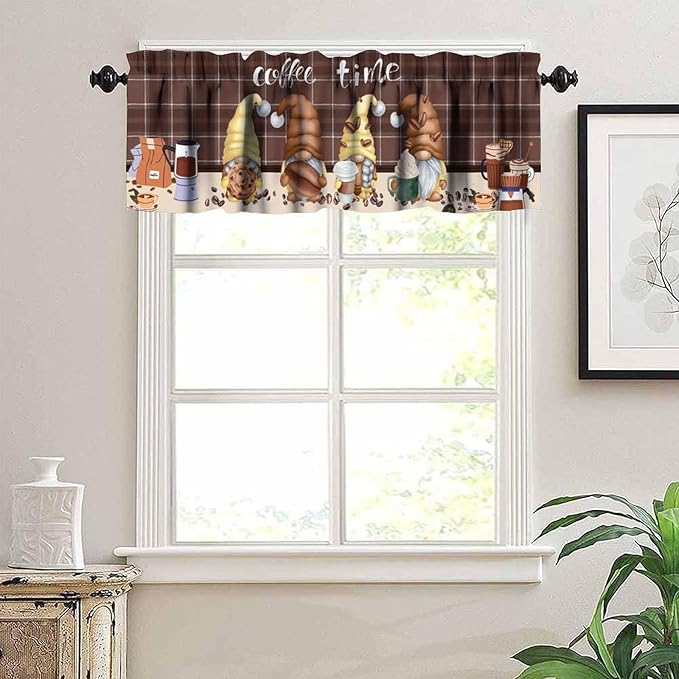 Coffee Gnome Curtain Valance, Rustic Vintage Brown Plaid Beans Drinks Latte Cappuccino Farmhouse Country Short Window Drapes for Kitchen Cafe Dining Room Bedroom Living Room, 54x18Inch