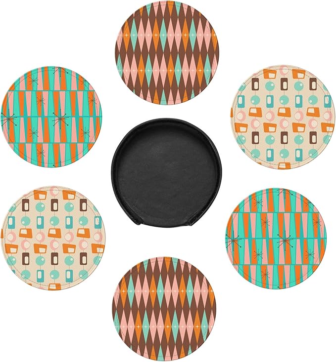 Mid Century Modern Leather Drinks Coasters with Holder, Set of 6, Suitable for Various Cups