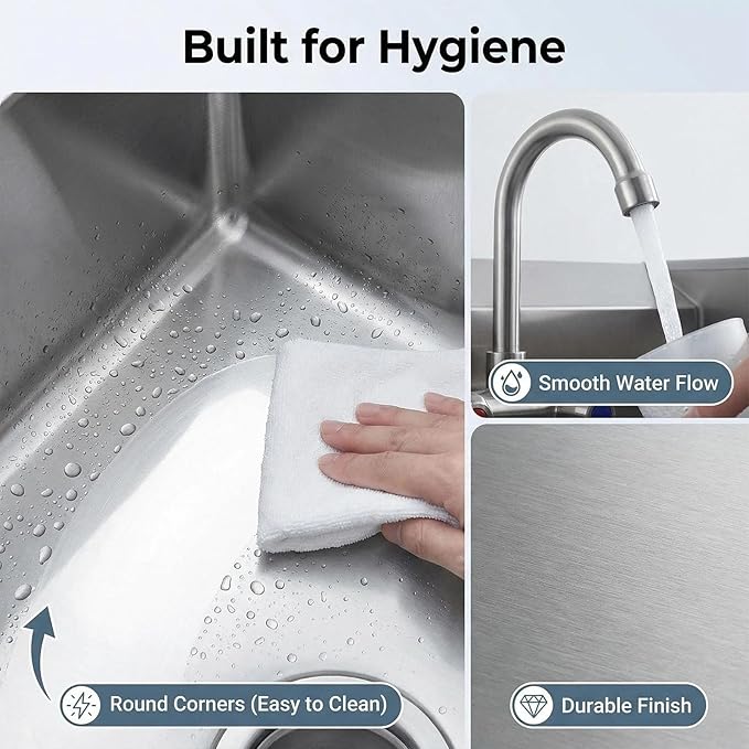 GarveeTech Commercial Stainless Steel Hand Wash Sink, Small Wall Mount or Drop-in Handwashing Basin with Swivel Faucet, 3-Side Backsplash, Drain Kit for Restaurant Kitchen Bar Garage