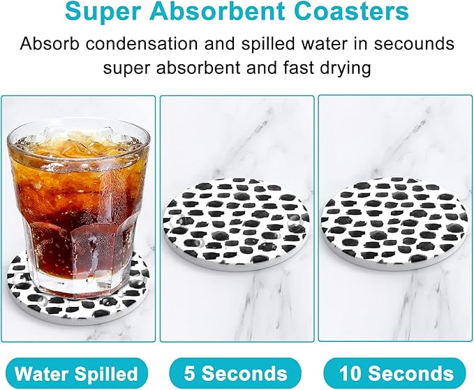 Nipichsha Coasters for Drinks, Set of 6 Cute Absorbent Ceramic Drink Coasters for Cup with Holder and Cork Base, Kitchen Home Decor Housewarming Gift, Round 4 in, Milk White Black Dots