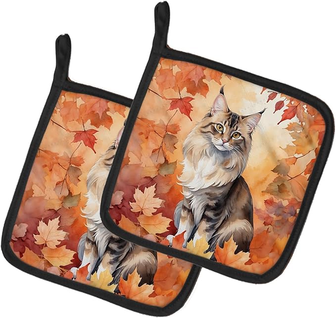 Caroline's Treasures Oriental Longhair Cat in Fall Leaves Pair of Pot Holders Kitchen Heat Resistant Pot Holders Sets Oven Hot Pads for Cooking Baking BBQ, 7 1/2 x 7 1/2