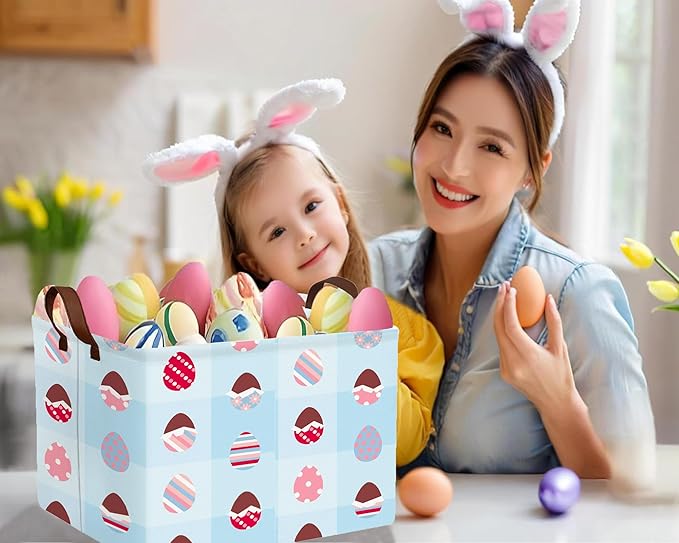 Large Rectangular Easter Baskets Empty Waterproof Boy Toy Box Foldable Kid's Gifts Storage Bin Spring Room Decor(Blue Checkered Egg)