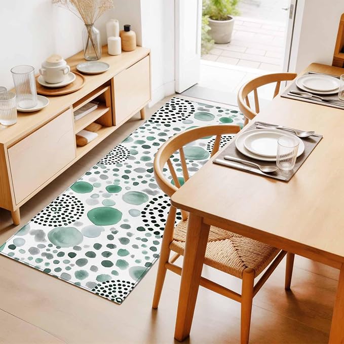 Runner Rug for Bedroom Hallway, Abstract Teal Circles Kitchen Runner Rugs Area Rug 2x6ft, Sage Green Geometric Round Washable Soft Floor Carpet for Entryway Stair