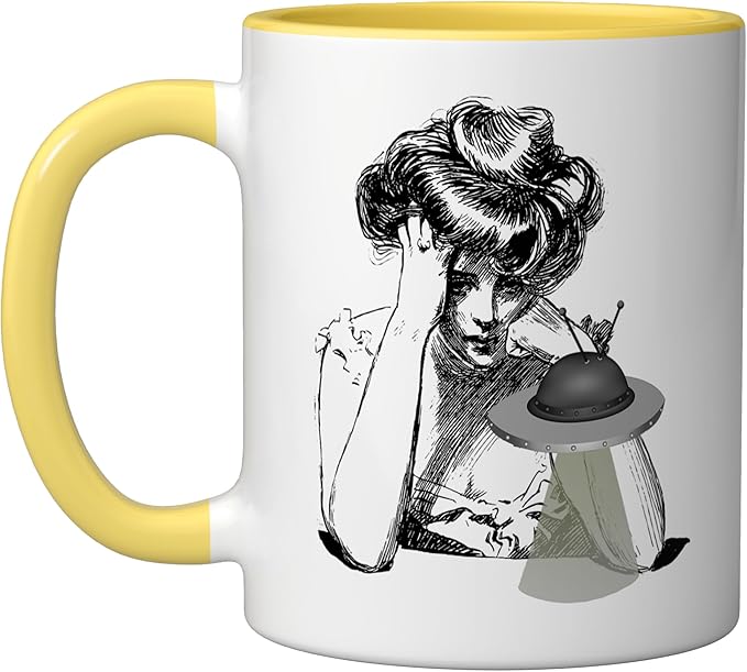 Girl with Alien Flying Saucer UFO Ceramic Mug, Yellow/White