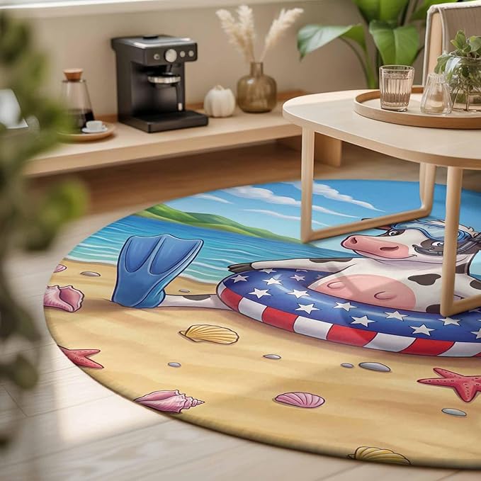 Washable Round Area Rug Summer Beach Snorkeling Cow Circle Rugs Floor Carpet for Living Room Bedroom, Ocean Starfish Funny Animal Art Soft Non Slip Round Rug 3ft