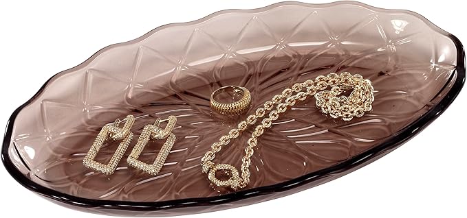 Nicole Miller – Vanity Tray, Embossed Glass with Scalloped Edge, Trellis Home Decor – Perfect for Organizing Toiletries, Cosmetics and Bathroom Essentials (Bijou Brown)