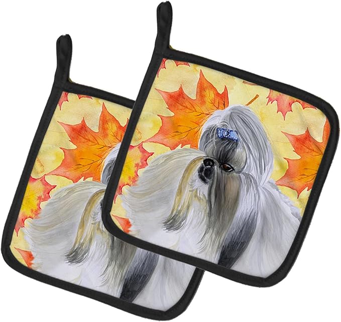 Caroline's Treasures BB9927PTHD Shih Tzu Fall Pair of Pot Holders, Yellow Kitchen Heat Resistant Pot Holders Sets Oven Hot Pads for Cooking Baking BBQ, 7 1/2 x 7 1/2