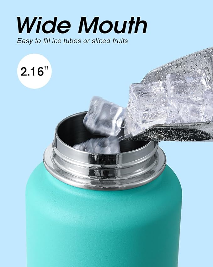 Coolflask Water Bottle 32 oz Insulated with Straw, Stainless Steel Metal 3 Lids Water Flask Wide Mouth for Sports or Office, Non-BPA Keep Cold Up to 48 Hrs or Hot Up to 24 Hrs, Pacific Prince