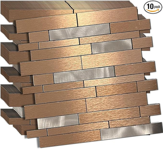 WEIMEISC 10 Sheets Peel and Stick Backsplash Tile for Kitchen, Self-Adhesive Mosaic Tile, Stick on Bathroom Vanities，Fireplace Décor, Laundry Table (Brushed Bronze+Frosted Silver)