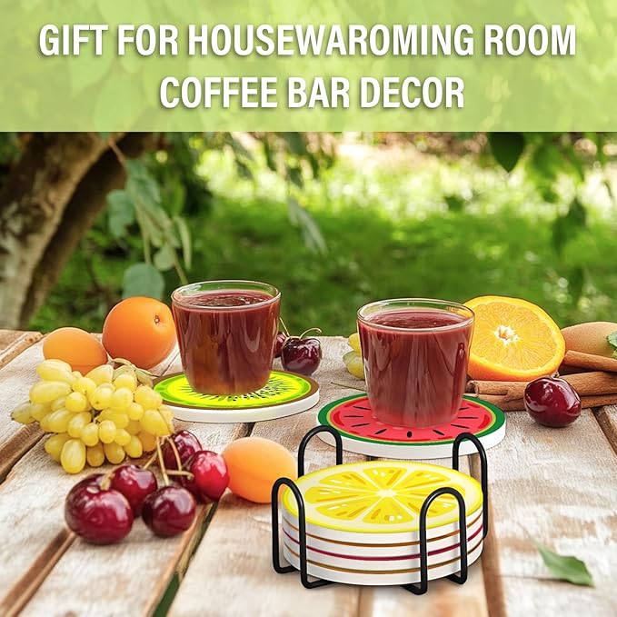 Coasters for Drinks Set of 6, Cute Fruits Round Ceramic Coasters Summer Fruit Kitchen Decor with Cork Base and Metal Holder, Non-Slip Tabletop Protection Mat for Mugs Cups Coaster, Housewarming Gift