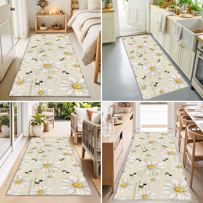Runner Rug for Bedroom Hallway, Retro Watercolor White Floral Bee Kitchen Runner Rugs Area Rug 2x6ft, Summer Daisy Letter Texture Washable Soft Floor Carpet for Entryway Stair