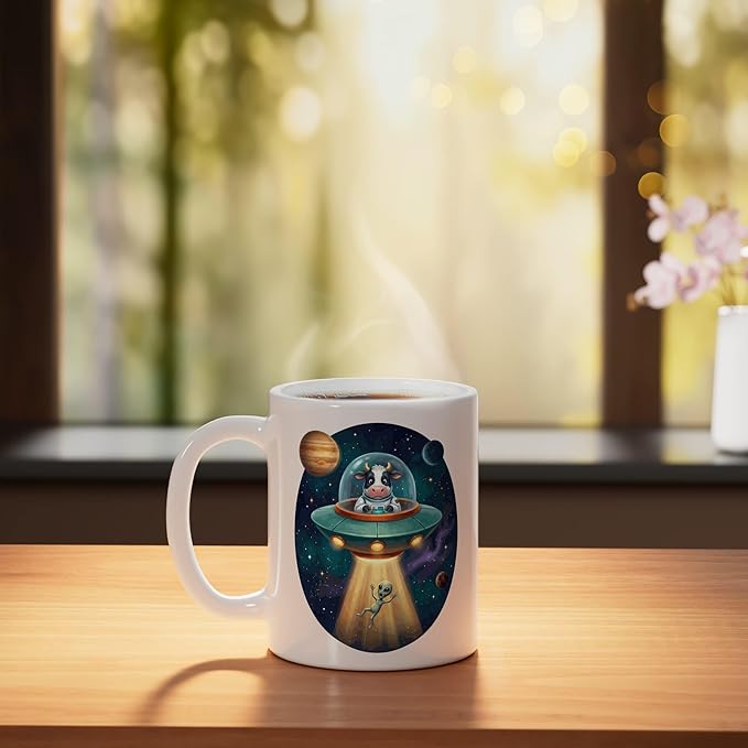 Fuuny Cow Astronaut UFO Abducting Alien Space Farm Ceramic Mug, White