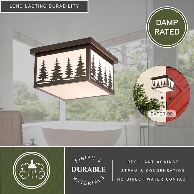 VAXCEL Yosemite 11.5 inch Rustic Tree Flush Mount Ceiling Light, Burnished Bronze, White Tiffany Glass, E26 Bulb Compatible, Dimmable, Indoor Outdoor Use, Damp Rated