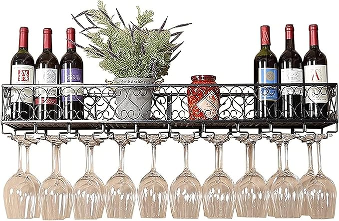 Wall Wine Rack Metal Iron Creative Grid Hanging Wine Bottle Holder Large Wine Glass Shelf Industrial Wine Cabinet for Kitchen/Bar/Restaurant Hanger(Size: 60CM Color:Black)