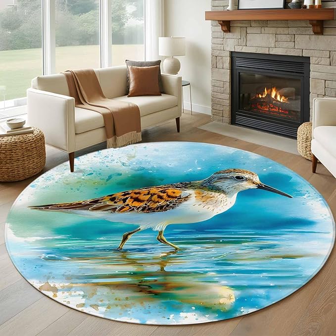 Washable Round Area Rug Natural Lake Bird Water Reflection Circle Rugs Floor Carpet for Living Room Bedroom, Animal Splatter Art Soft Non Slip Round Rug 5ft