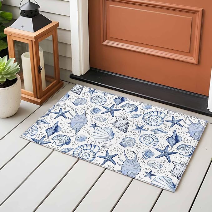 Area Rug 2x3ft, Navy Blue Starfish Conch Shell Seamless Washable Rugs for Living Room Bedroom, Summer Ocean Bubbles Soft Non-Slip Area Rugs Rectangle Floor Carpet for Dining Room