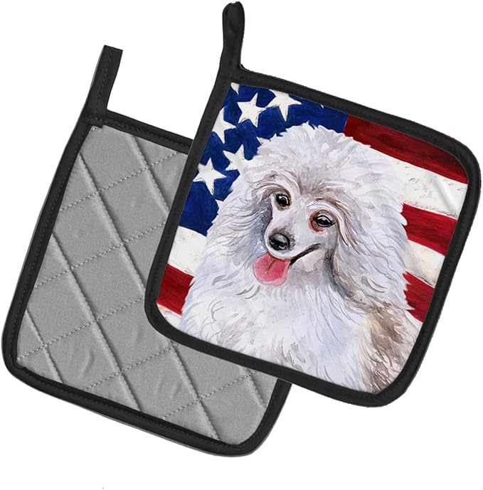 Caroline's Treasures BB9683PTHD Medium White Poodle Patriotic Pair of Pot Holders Kitchen Heat Resistant Pot Holders Sets Oven Hot Pads for Cooking Baking BBQ, 7 1/2 x 7 1/2