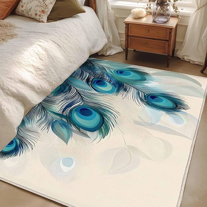 Area Rug 4x6ft, Abstract Animal Art Peacock Feather Washable Rugs for Living Room Bedroom, Watercolor Blue Eyes Beige Soft Non-Slip Area Rugs Rectangle Floor Carpet for Dining Room