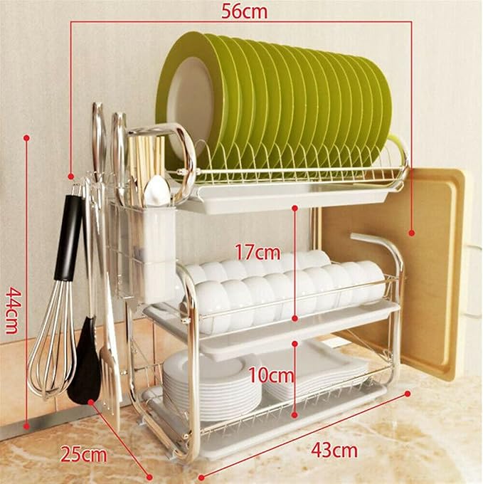 3 Tier Kitchen Chrome Dish Drainer Utensil Bowl Plates Holder Rack Drip Tray (Color : Green) (White)