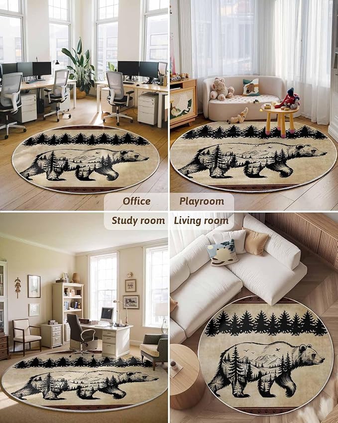 Round Area Rug,Bear Forest Mountains Animal Silhouette Circle Living Room Rug Non-Slip Rugs Indoor Carpet,Vintage Brown Gradient Soft Comfort Rugs for Bedroom KidsRoom Nursery