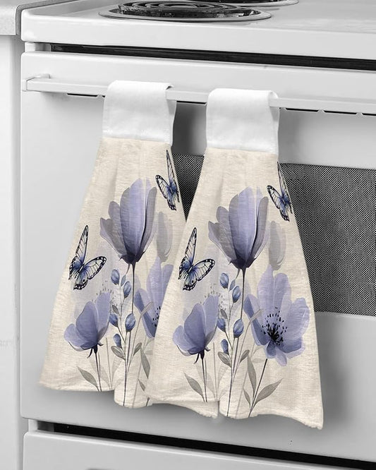 Alandar Home Kitchen Tie Towel Set of 2, Watercolor Purple Flowers Butterfly Absorbent Soft Hand Towels for Bathroom Hanging Towels, Blossom on Vintage Linen Fast Drying Cleaning Cloth with Loop