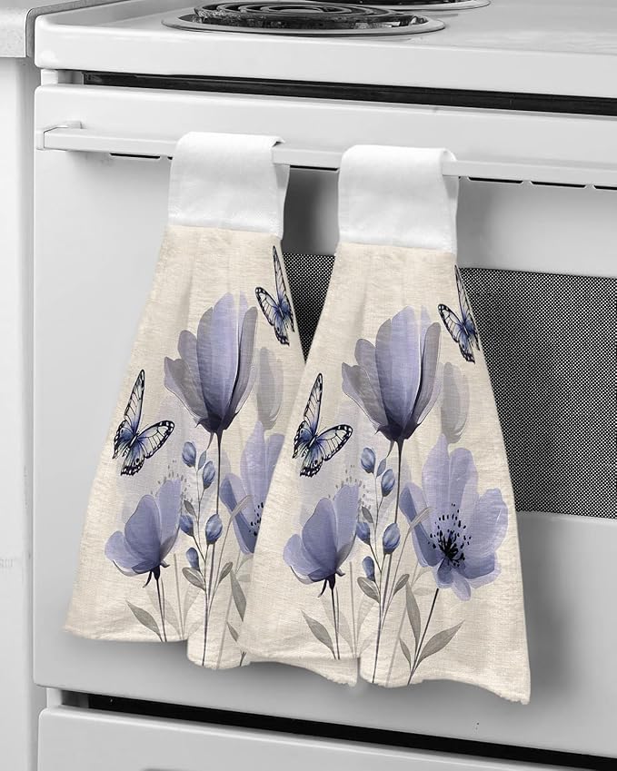 Alandar Home Kitchen Tie Towel Set of 1, Watercolor Purple Flowers Butterfly Absorbent Soft Hand Towels for Bathroom Hanging Towels, Blossom on Vintage Linen Fast Drying Cleaning Cloth with Loop