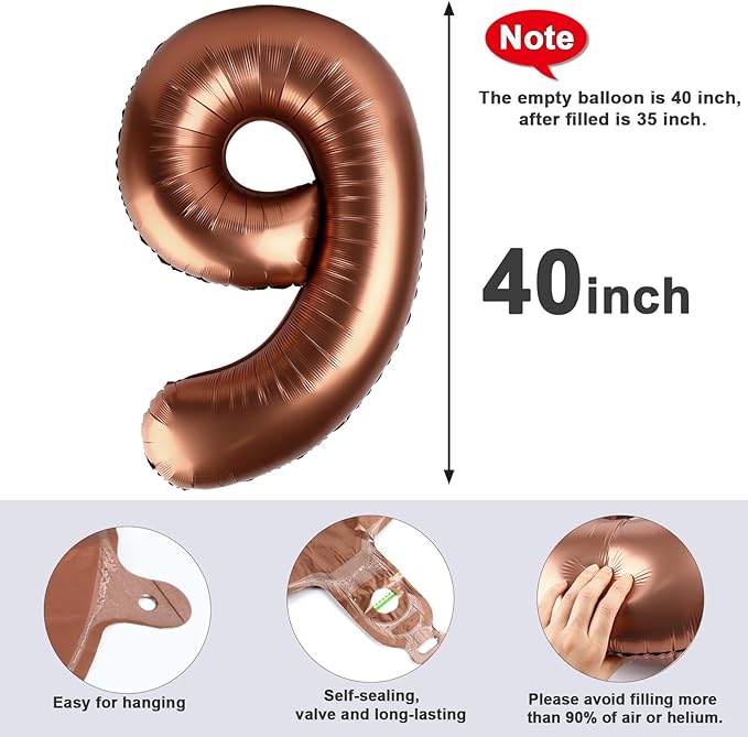 Number Balloons 40 Inch Coffee Brown Large 9 Balloon, Number 9 Foil Mylar Balloons Decorations for 9 19 29 90 Birthday Party, Engagement, Wedding, Anniversary