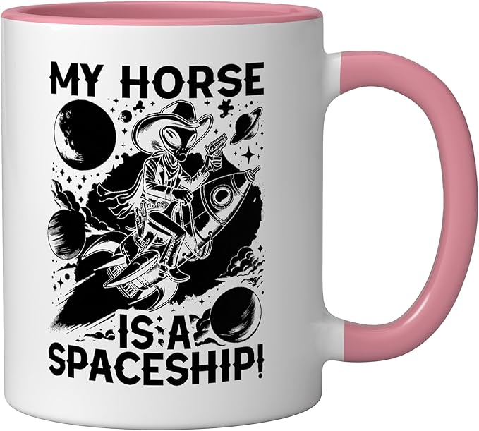 Alien Lover Flying Saucer UFO Extraterrestrial Cowboy Ceramic Mug, Pink/White