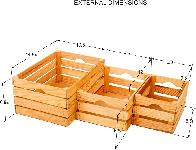 VINTAYARD Rustic Wood Crates for vintage decorative display, Nesting Crate set for storage and farmhouse style decor, wooden boxes made from 100% Wood (Natural Pine, Nested Set of 3)