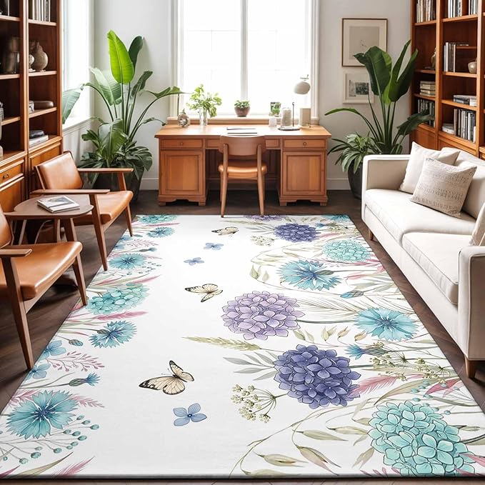 Area Rug 8x10ft, Spring Flower Thistle Hydrangea Washable Rugs for Living Room Bedroom, Wild Garden Floral Butterfly Soft Non-Slip Area Rugs Rectangle Floor Carpet for Dining Room