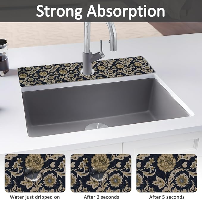 24" X 5.5" Kitchen Sink Splash Guard Faucet Mat Floral Flower Super Absorbent Fast Drying Faucet Guard & Draining Mat Sink Splash Guard Behind Faucet for Kitchen, Bathroom