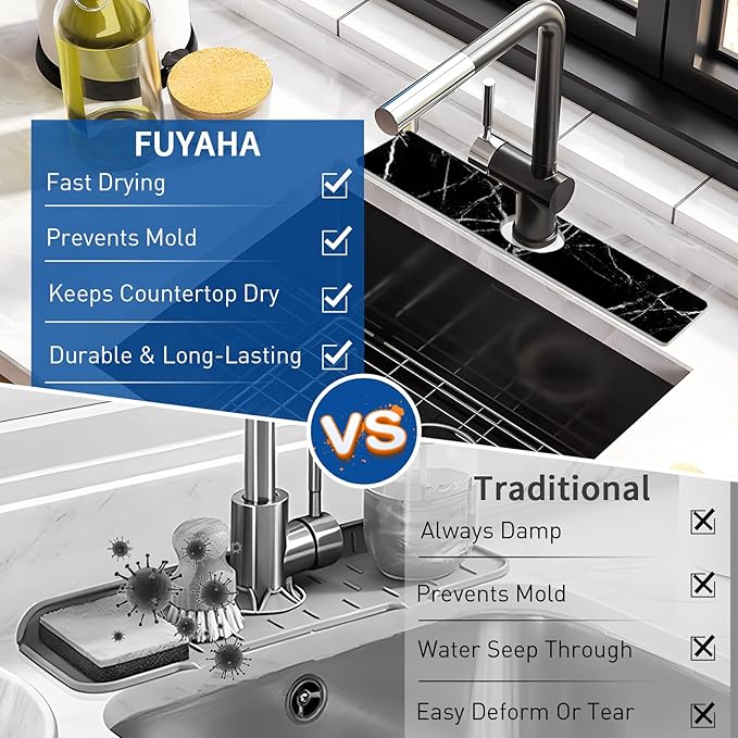 Kitchen Sink Splash Guard - Kitchen Faucet Mat, Diatomaceous Earth Kitchen Sink, Faucet Handle Drip Catcher, Bathroom Sink Faucet Mat for Countertop (15.75 * 3.93 in, Black)