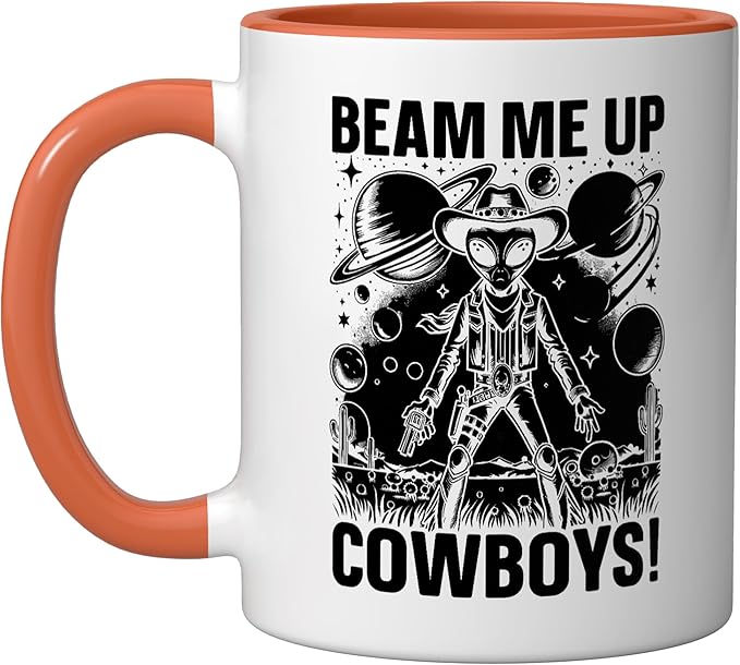 Alien Lover Flying Saucer UFO Extraterrestrial Cowboy Ceramic Mug, Orange/White