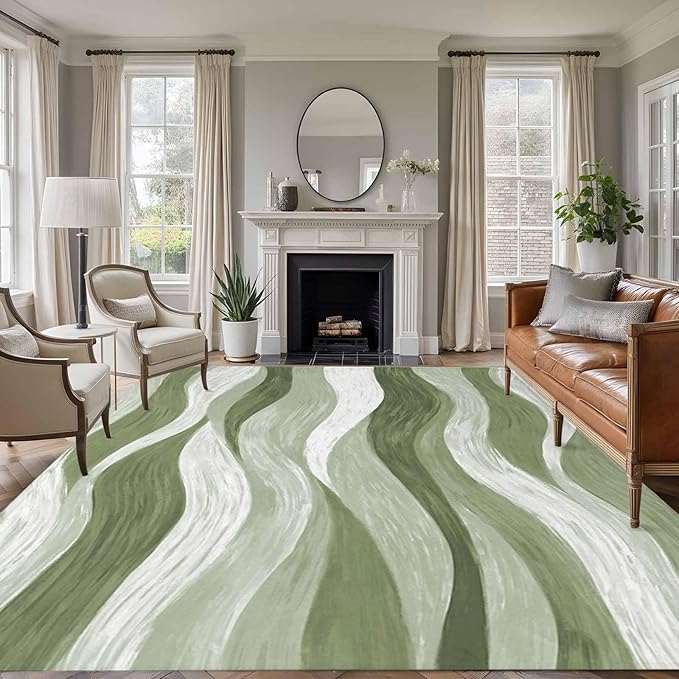 Area Rug 8x10ft, Modern Sage Green Gradient Stripe Washable Rugs for Living Room Bedroom, Abstract Ocean Wave Soft Non-Slip Area Rugs Rectangle Floor Carpet for Dining Room