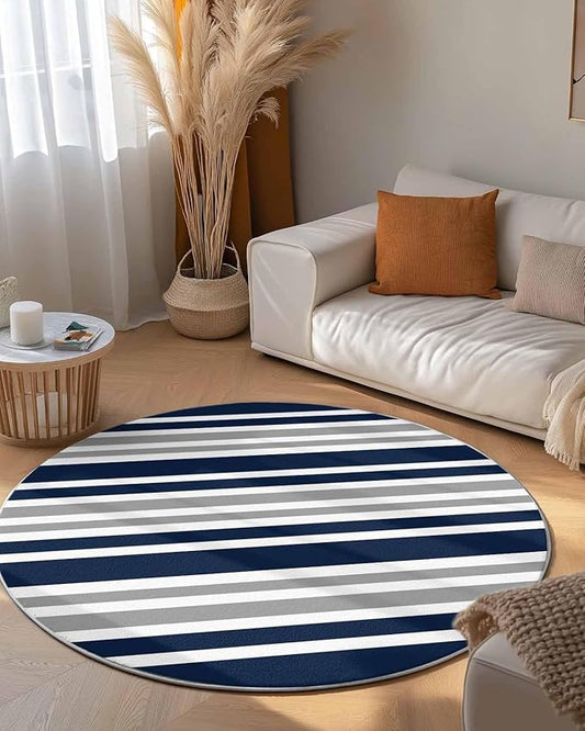 Round Area Rug,Navy Blue Gray Stripe Circle Living Room Rug Non-Slip Rugs Indoor Carpet,Modern Minimalist Style Soft Comfort Rugs for Bedroom KidsRoom Nursery