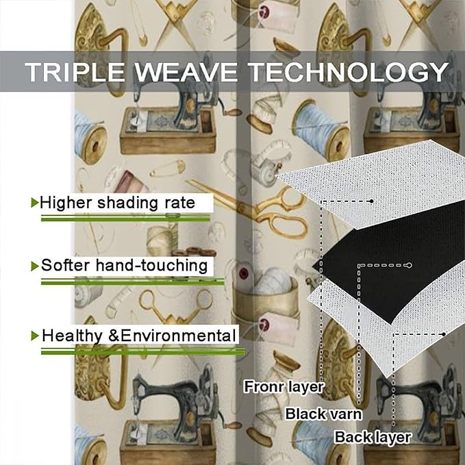 Sewing Theme Curtain,Sewing Machine Pattern for Girls Teens Women Adult Window Treatment Curtains for Bedroom Cafe Dining Room Office Living Room Kitchen Drapes, 55x63 in