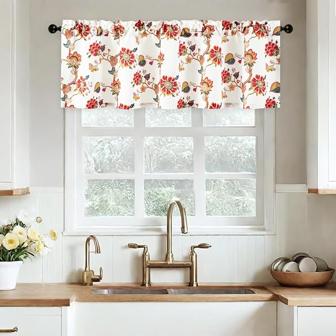 Leeva Floral Linen Valances for Kitchen Windows – Light Filtering Short Window Curtain with Rod Pocket Design, Decorative Valance for Farmhouse or Cafe, 60" W x 18" L