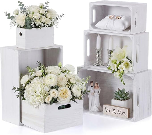 AceOrbit Set of 6 Wood Crates with Handles, Rustic Decorative Storage Boxes Distressed Wooden Nesting Display Baskets for Farmhouse, Wedding, Party Storage Display Supplies(Vintage White)