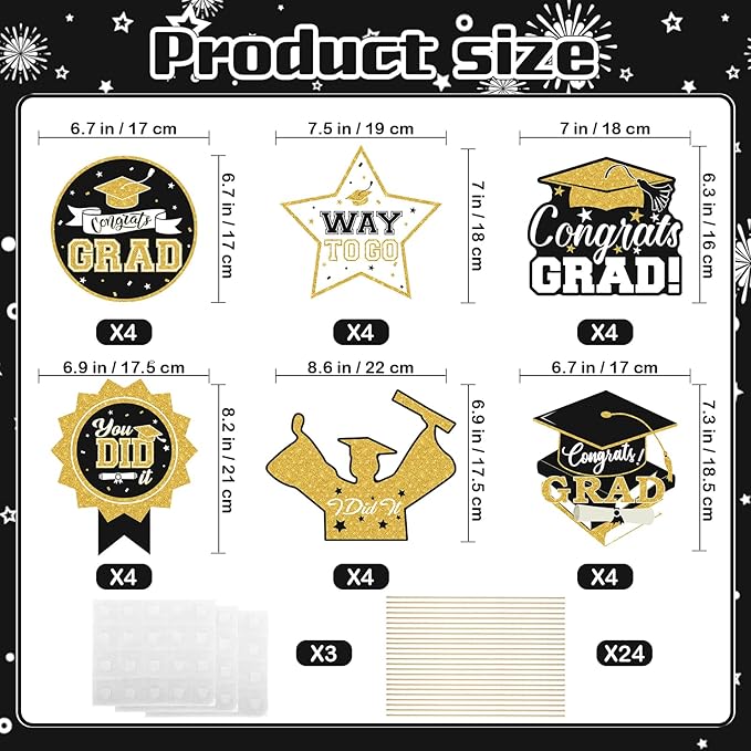 2026 Graduation Party Decorations - 24 Pcs Class of 2026 Congrats Grad Table Centerpieces Graduation Table Decorations Sticks Table Toppers for Graduation Party (Black Gold)