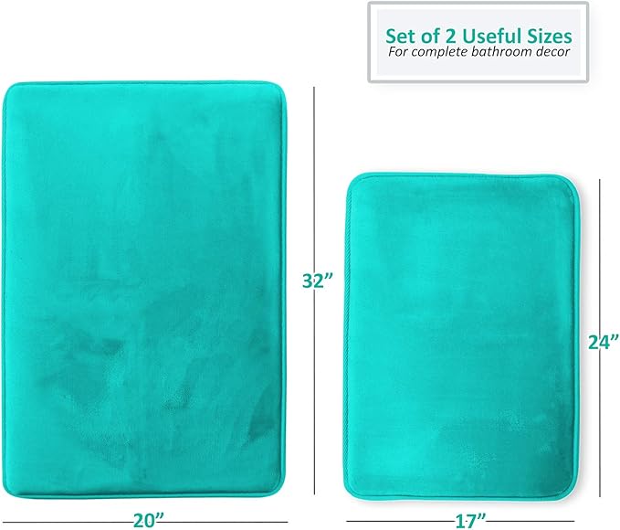 Clara Clark 2 Piece Bathroom Rugs Bath Mat Set, Velvet Memory Foam Bath Mats for Bathroom - Non-Slip, PVC Backing Bath Rugs, Washable - Dries Quickly, Teal