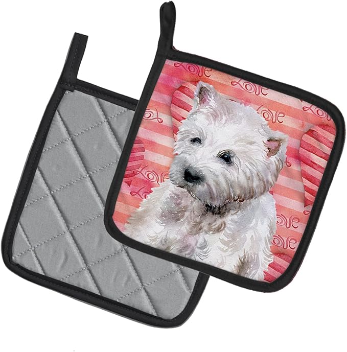 Caroline's Treasures BB9788PTHD Westie Love Pair of Pot Holders, Red Kitchen Heat Resistant Pot Holders Sets Oven Hot Pads for Cooking Baking BBQ, 7 1/2 x 7 1/2