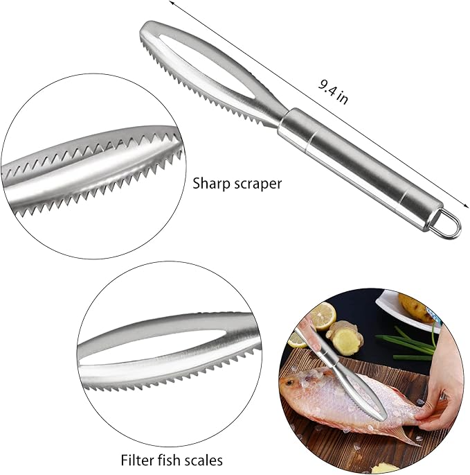 Openfly Fish Scaler Tool, Stainless Steel Fish Scaler Remover Fish Scraper Scaler with Sawtooth, Fish Skin Graters Fish Tweezers Fish Descaler Tool for Cleaning Fish