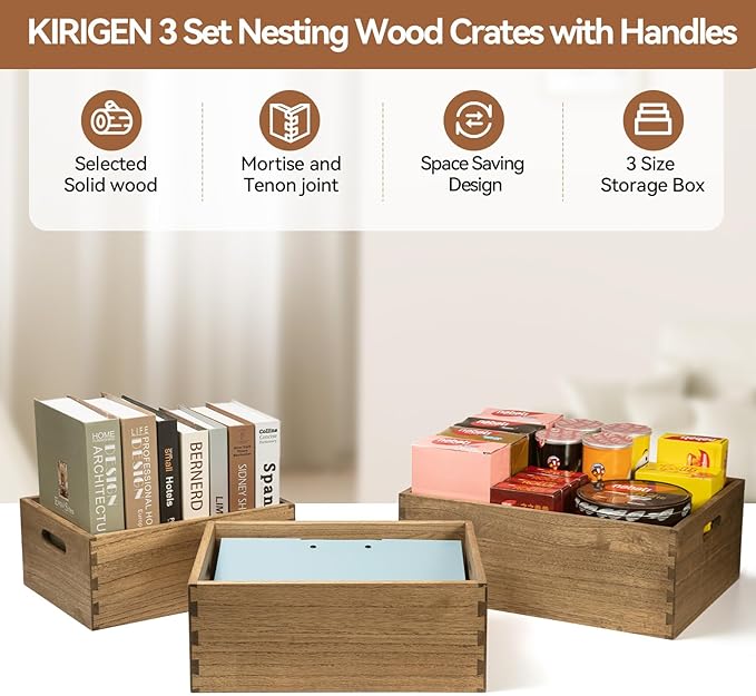 KIRIGEN Nesting Wooden Crates with Portable Handles for Home Organizer - Wood Rustic Decor Farmhouse Boxes / Basket Rolling Trays set of 3 Dark Brown