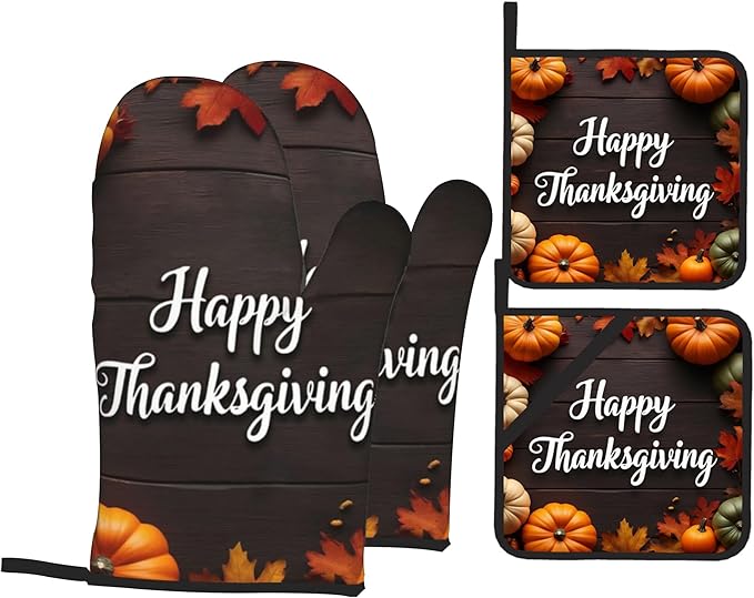 Happy Thanksgiving Pumpkin Oven Mitts with Matching Potholders - Heat Resistant Kitchen Accessories for Baking, Grilling, Cooking, Gifts for Women