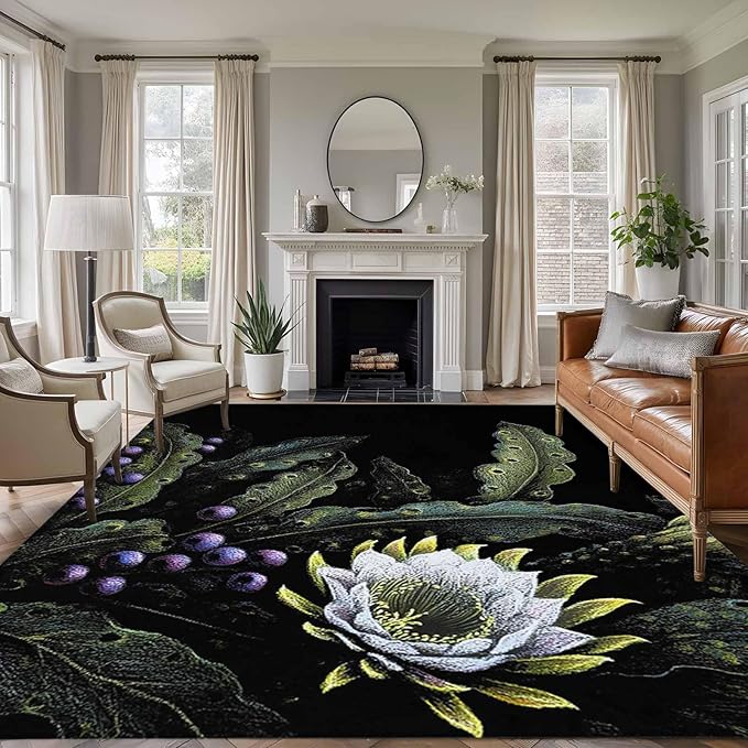 Area Rug 6x9ft, Watercolor Flower Berry Leaves Washable Rugs for Living Room Bedroom, Botanical Plant Dark Style Soft Non-Slip Area Rugs Rectangle Floor Carpet for Dining Room