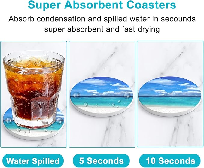 Nipichsha Coasters for Drinks, Set of 6 Cute Absorbent Ceramic Drink Coasters for Cup with Holder and Cork Base, Kitchen Home Decor Housewarming Gift, Round 4 in, Happy Beach