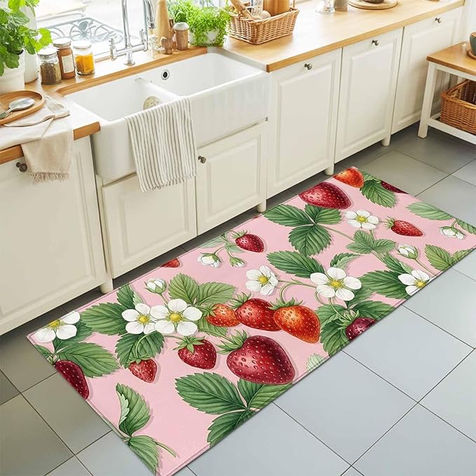 Runner Rug for Bedroom Hallway, Summer Strawberry Bush on Pink Kitchen Runner Rugs Area Rug 2x6ft, Forest Green Foliage Washable Soft Floor Carpet for Entryway Stair